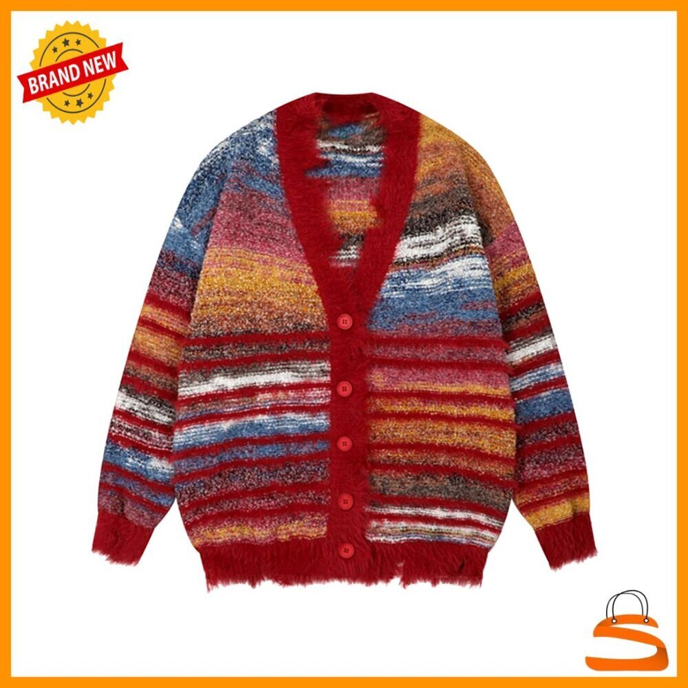 Oversized Knit Cardigan Unisex Y2K Retro Pinstripe Open Front Casual Sweater
